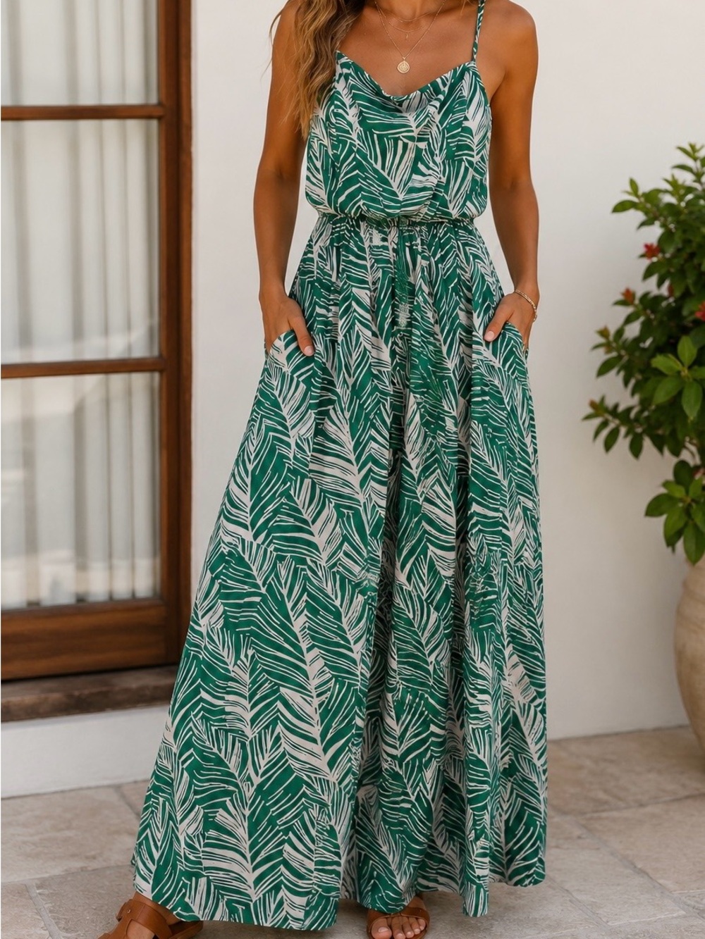 Lily Rose Maxi Green and White Smocked Leaf Print Dress with Pockets